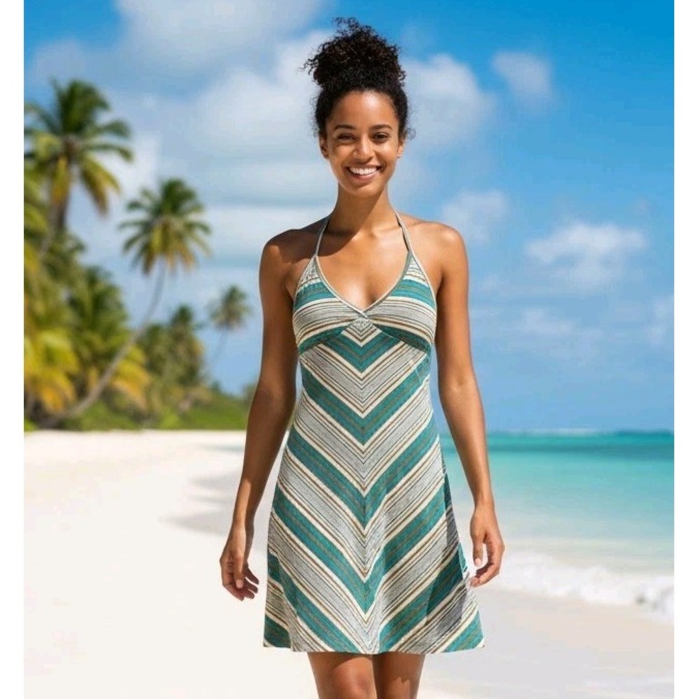 Patagonia Women's S Dress Y2K Spaghetti Strap Striped Outdoor Brown White‎ Blue